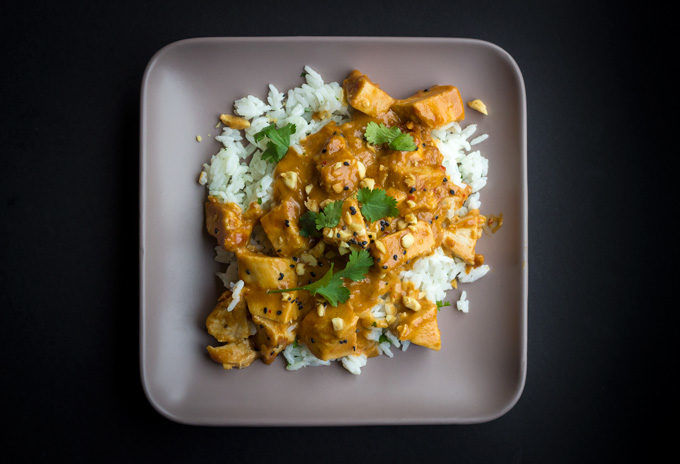 Thai Peanut Chicken with Coconut Rice in a Plate